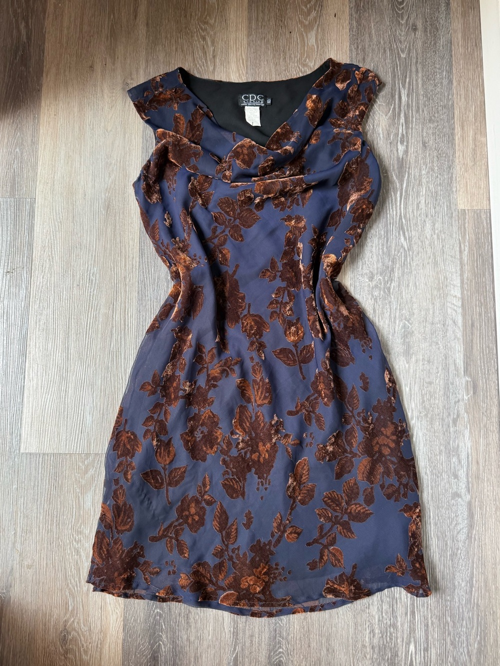 Vintage 90s CDC Blue and Brown Floral Midi Dress Burnout Velvet Cowl Neck